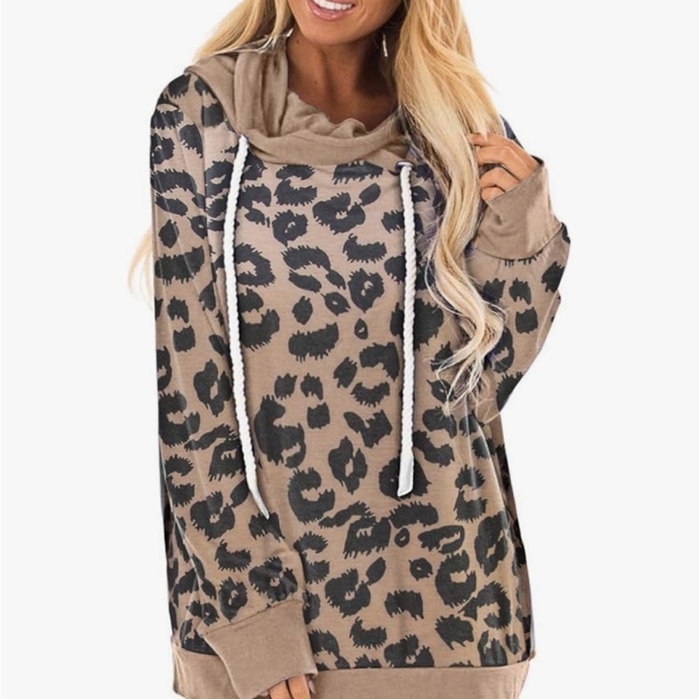 Leopard Print Cowl Neck Pullover Hoodie - Taupe/Black